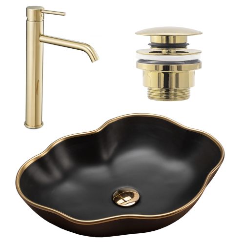 Комплект Умивалник за плот Rea Pearl black matt gold edge + Смесител за баня Lungo l.gold + Изпускателен клапан l.gold