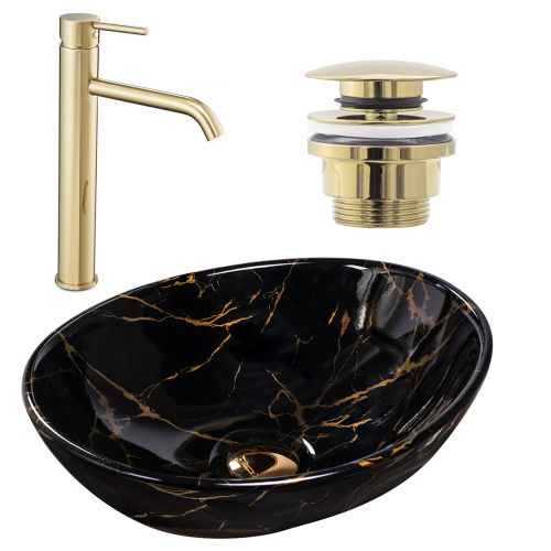 Комплект Умивалник за плот Sofia marble black + Смесител за баня Lungo l.gold + Изпускателен клапан l.gold